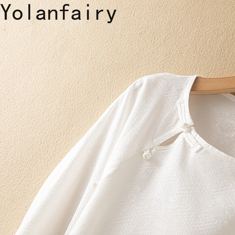 YOLANFAIRY الجمال الصيني 100% قميص أبيض من حرير التوت الطبيعي قميص نسائي جاكار ثلاثة أرباع كم قمصان نسائية قطع علوية مائلة