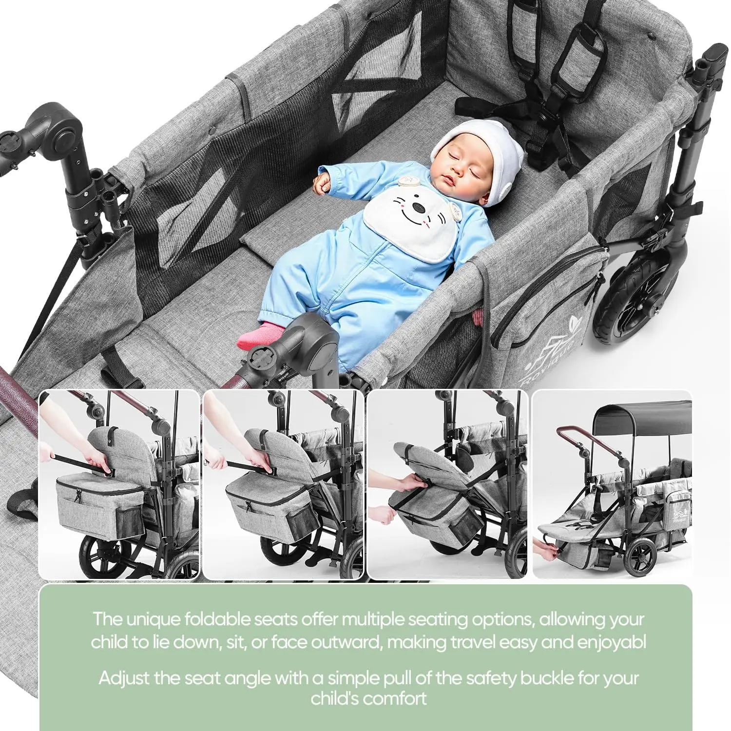 Wagon Stroller for 2 Kids,Premium Wagon for Kids with Removable Canopy, Snack Tray, Convertible Baby Bassinet, 5-Point Safety Ha