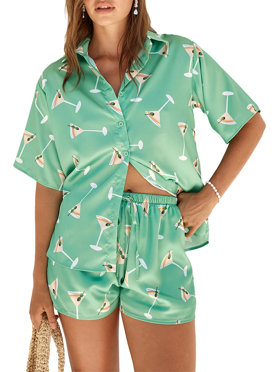 

Women s 2 Piece Fruit Print Pajamas Y2k Short Sleeve Button Shirt and Shorts Pjs Sets Graphic Matching Sets