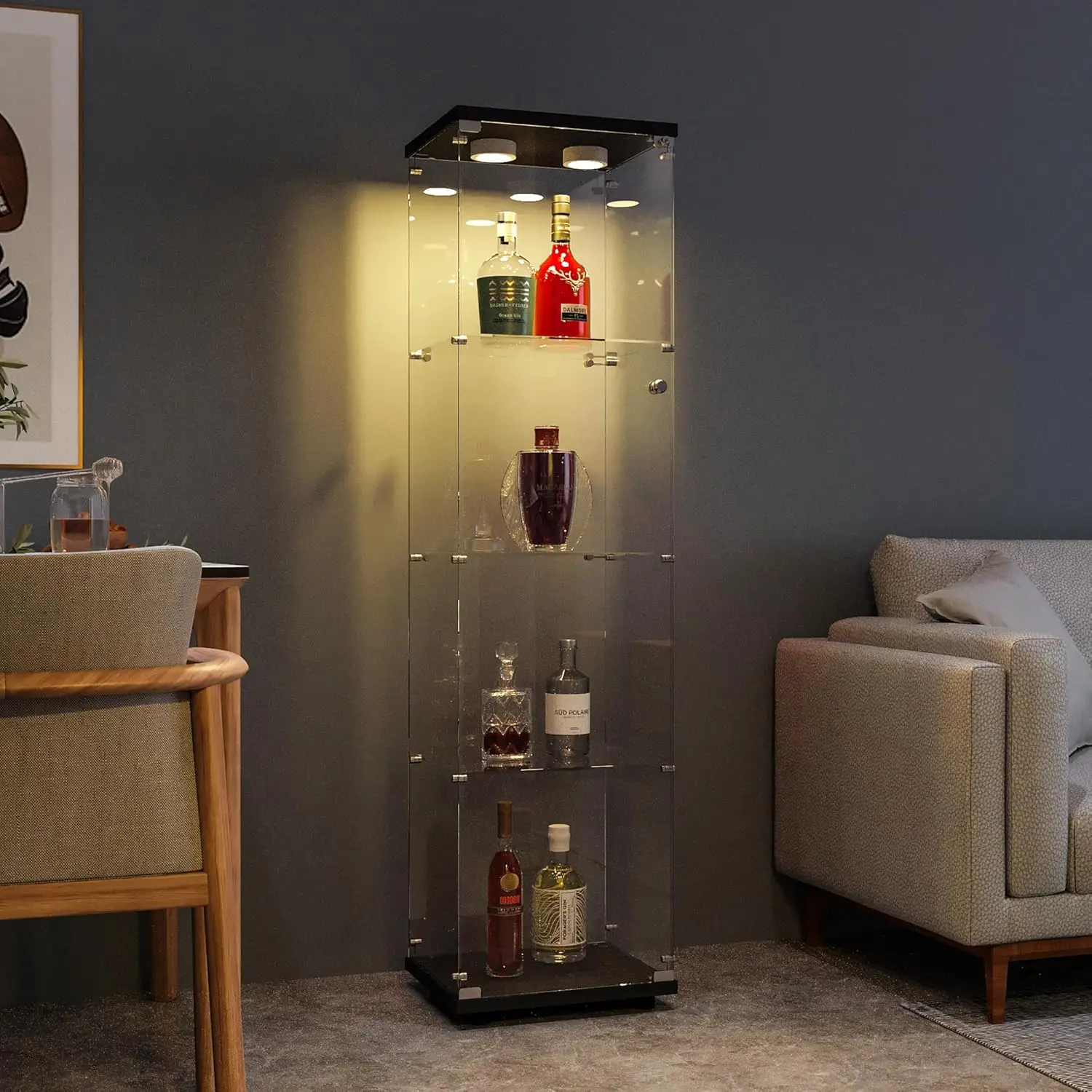 

Display Cabinet with Glass Door and Light, 4-Tier Tempered Glass Display Shelf, Glass Curio Cabinet Collection Display Case