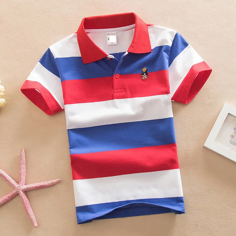 High Quality 3-14Year Old Boy Polo Shirt Short Sleeve Shirt Lapel Striped Cotton Children\'s T Shirt Various Colors optional