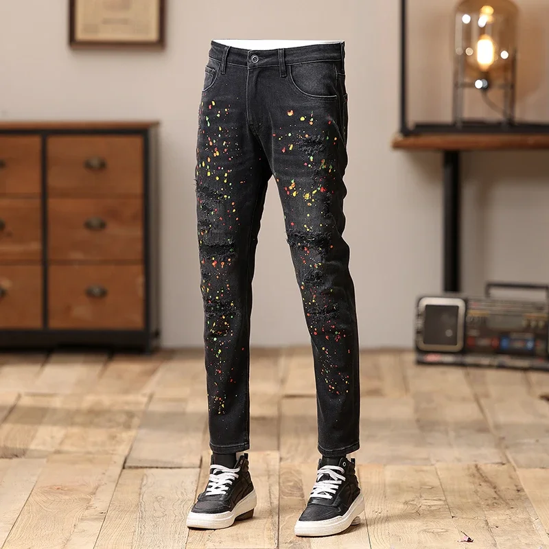 

Street Fashion Men Jeans Retro Black Gray Stretch Slim Fit Ripped Jeans Men Painted Designer Hip Hop Splashed Denim Pencil Pants