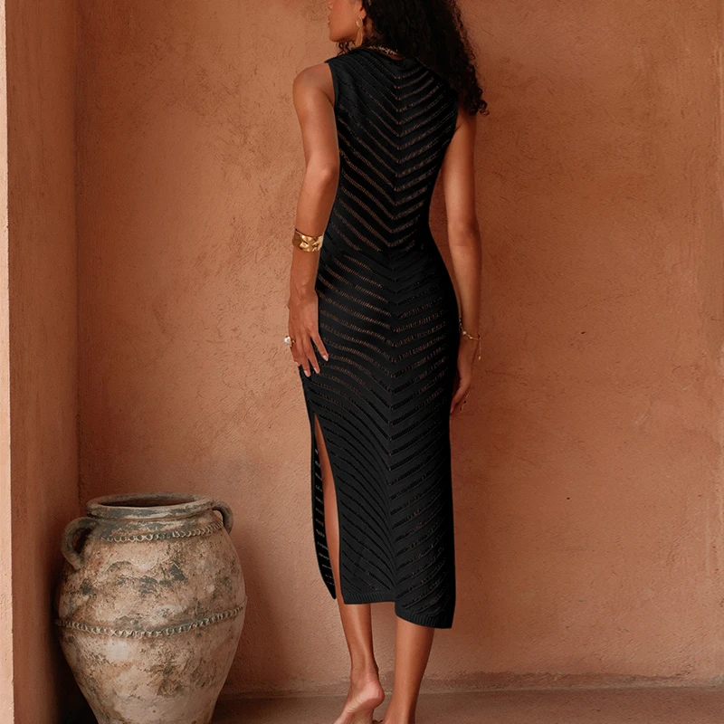 Summer Holiday Sexy High Slit Knitted Texture Swimsuit Cover Up Women  Camisoles Solid Color Hollow-Out Sunscreen Dress