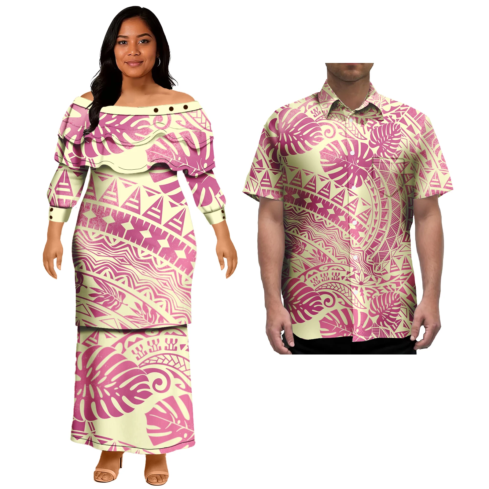 คนรักคู่คู่เสื้อผ้าชุดสักเผ่าของเขาและเธอเสื้อผ้า Polynesian ผู้หญิง Puletasi ชุดและชายเสื้อ