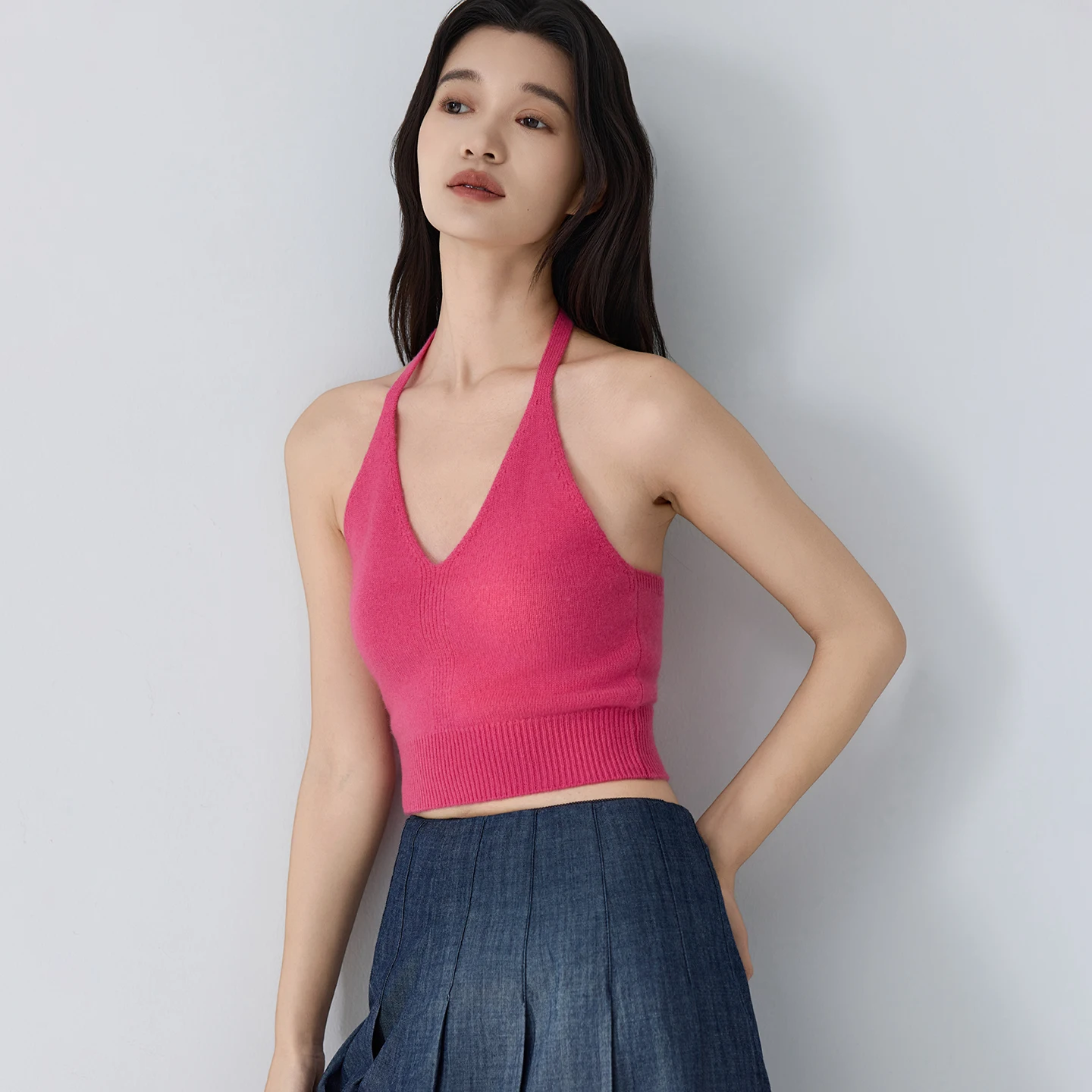 100%cashmere lace up strapless women's sexy knitted V-neck slim fit strapless vest with lace up hanging neck tube top for spring