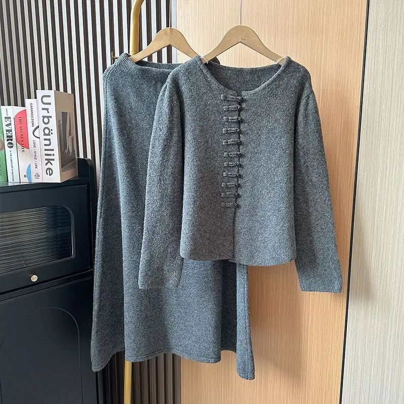 wool  Western Style Suit Women\'s Elegant Buckle Knitted Cardigan Skirt Two-Piece Suit Spring and Autumn New 2024 Skirt