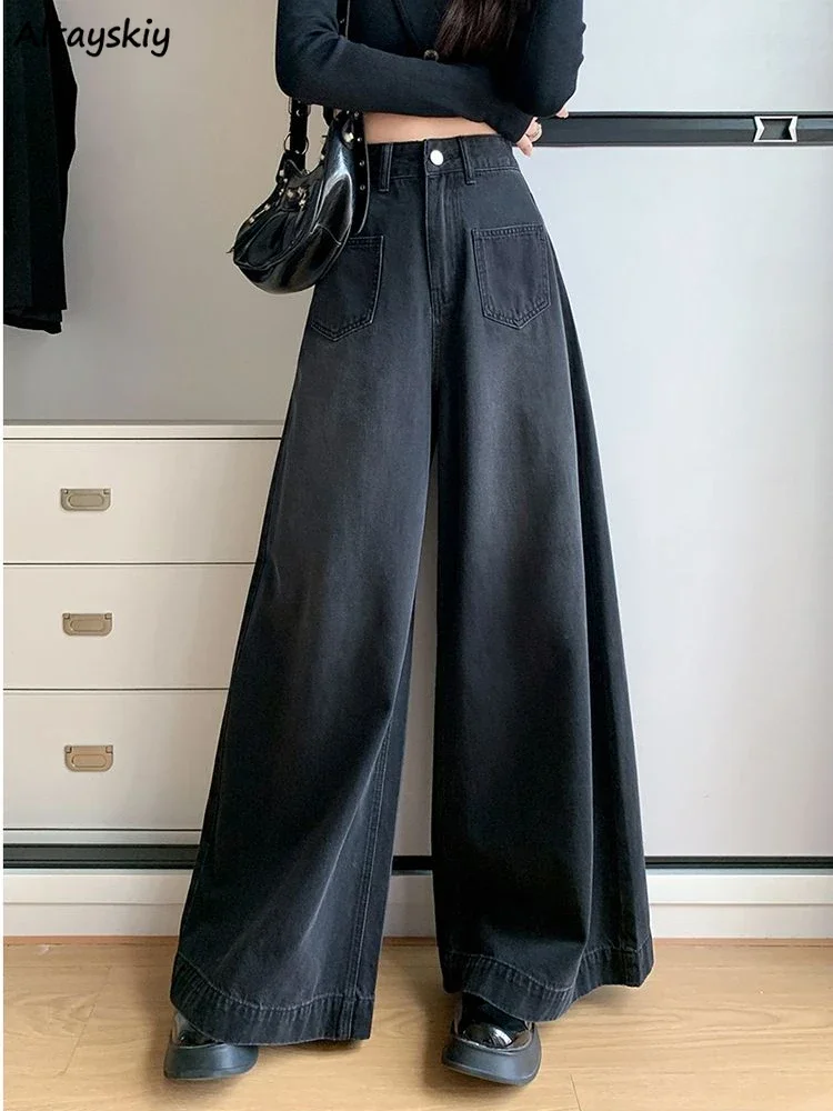 Wide Leg Mopping Jeans Women Autumn American Lady Vintage Loose Personality Harajuku High Waist Leisure Streetwear Washed Design