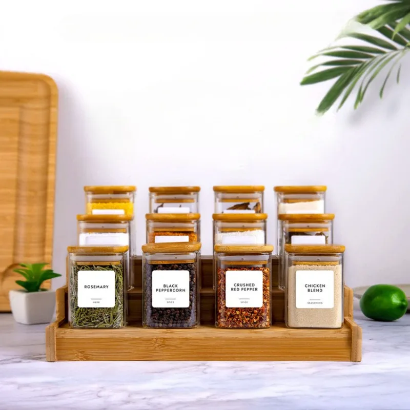 5oz Glass Jars Set with Spice Labels,Square Spice Jars with Bamboo Lids/Sticker Labels, Food Storage Container Canisters