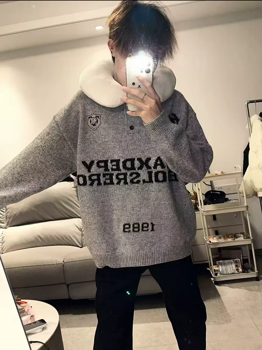 

Retro American Knitted Sweater with Letter Embroidery round Ne Overhead Loose Top for Autumn And Winter Casual Wear