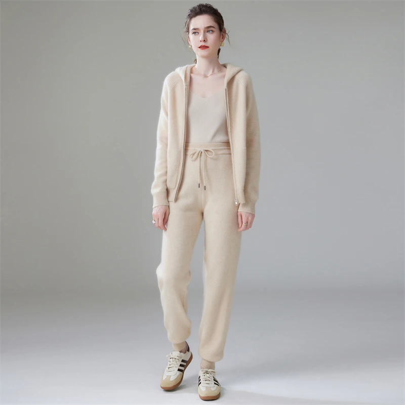 

Women 100% Cashmere Suit Hoodie Cadigan Sweater Sport Pants Autumn Winter Thick Cashmere Knitwear Casual Sweater Trousers Set