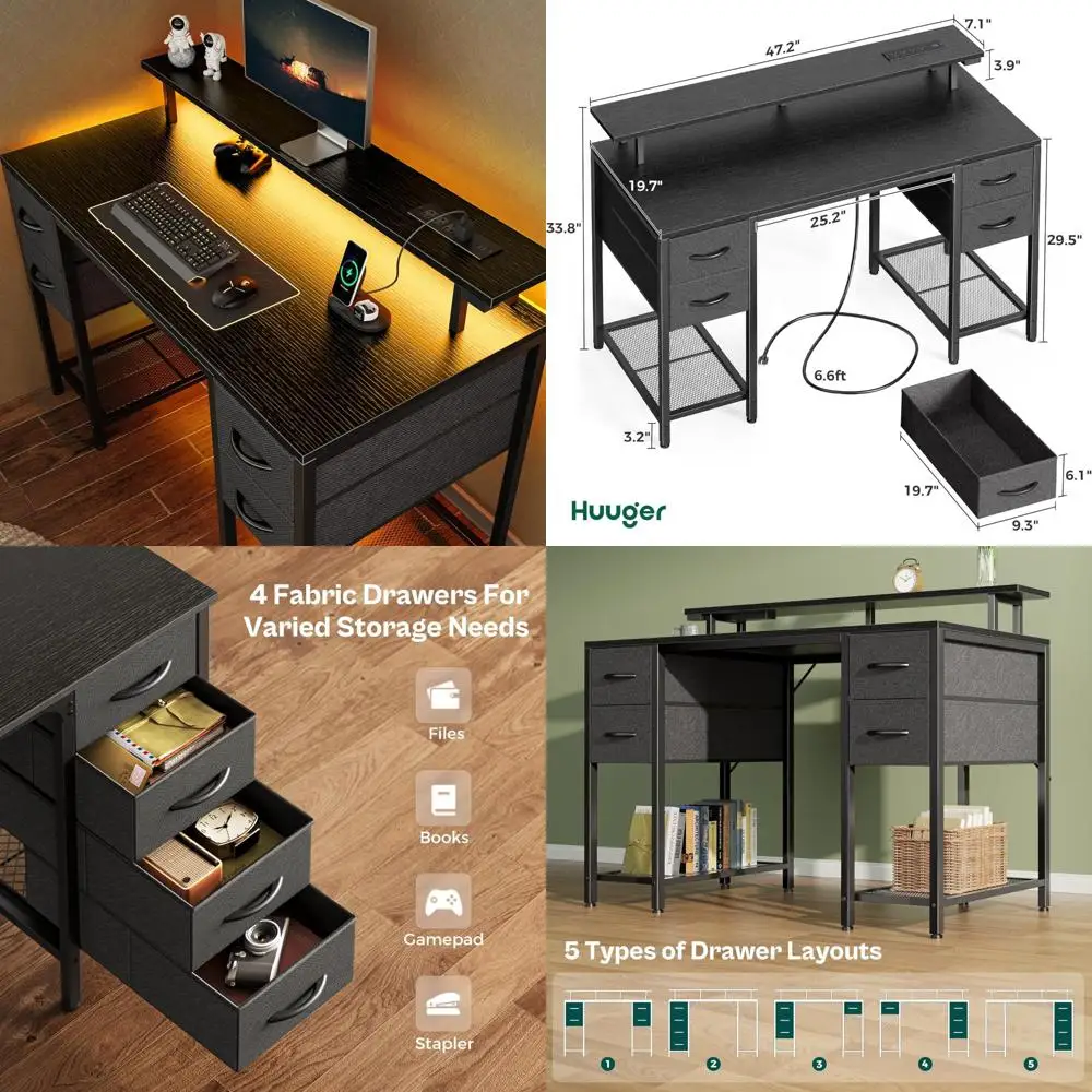 

Large 47 Inch Gaming Computer Desk with LED Lighting, 4 Drawers, and Power Outlets for Home Office Storage