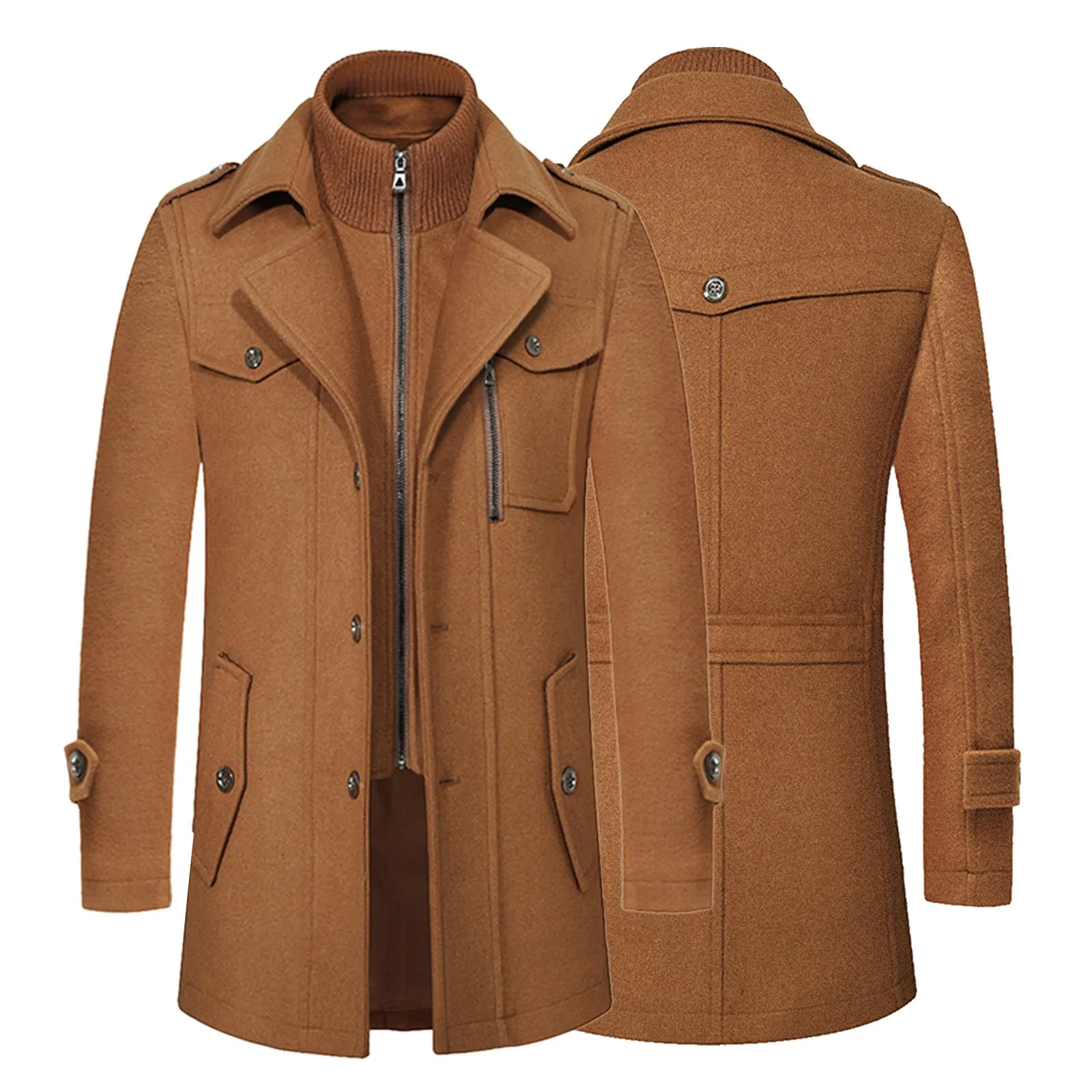 

Men's Autumn And Winter Coats Double Layered Collar Woolen Overcoats Thickened Warm Mid-length Trench Coats With Zipper