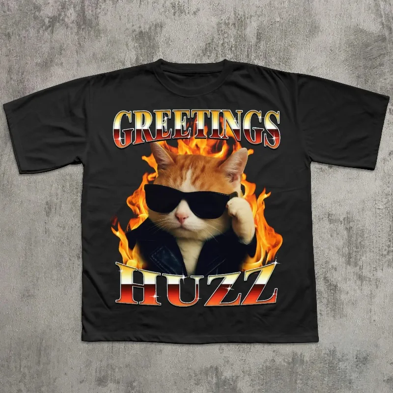 Greetings Huzz Funny Cat Meme T-shirt, Silly Cats Shirt, Unhinged Clothes, Ironic Tshirt, Edgy Shirts Weird Tee Gift for Her Him