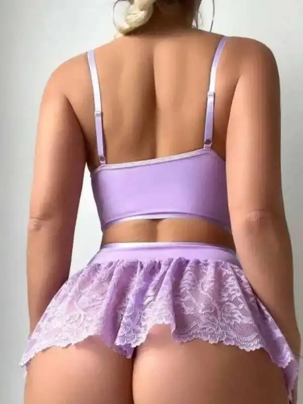 Set Rok Seksi Wanita Ungu dengan Renda Erotis Transparan Romantis Bra Celana Dalam Set Rok Pembungkus Dada Tali Pengikat Menawan 3A1W