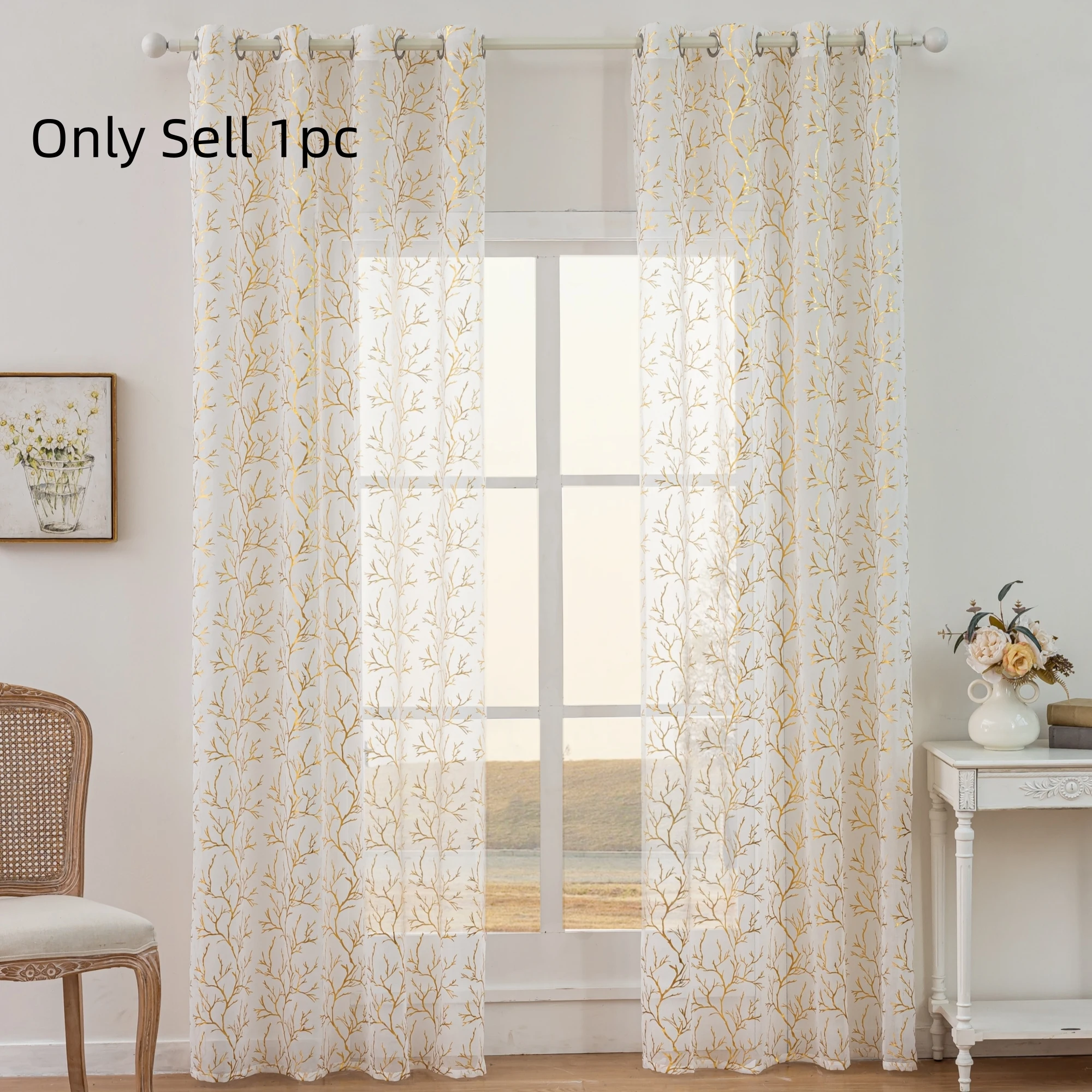 1pc French Romantic White Sheer Curtains, Gold Foil Branch Print, Grommet Top Light Filtering