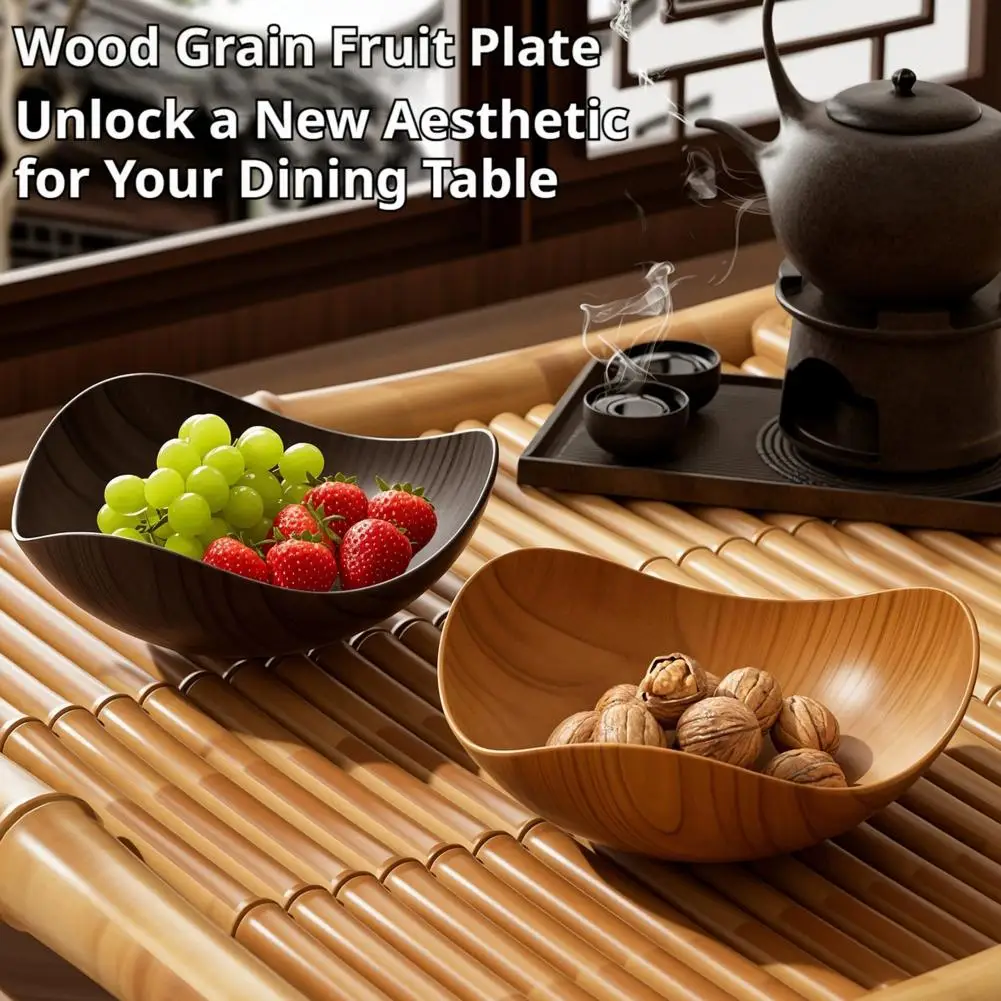 Creative Imitation Wood Grain Fruit Plate Dessert Tray Snack Fruit Plate Reusable Household Food Plate for Kitchen