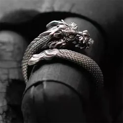 Trendy 925 Silver Ring Open Men Jewelry Vintage Carving Dragon Ring Male Index Finger Accessories