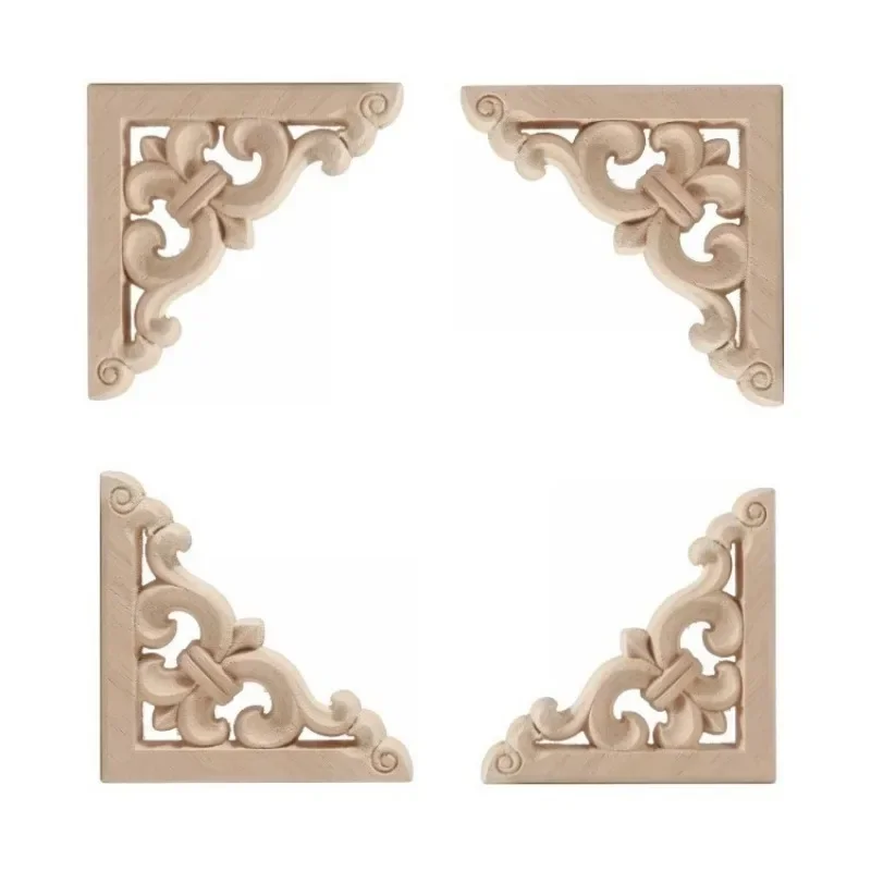 4PCS Chinese Carving Solid Wood Appliques for Furniture Cabinet Unpainted Wooden Mouldings Decal Vintage Home Decor Decorative