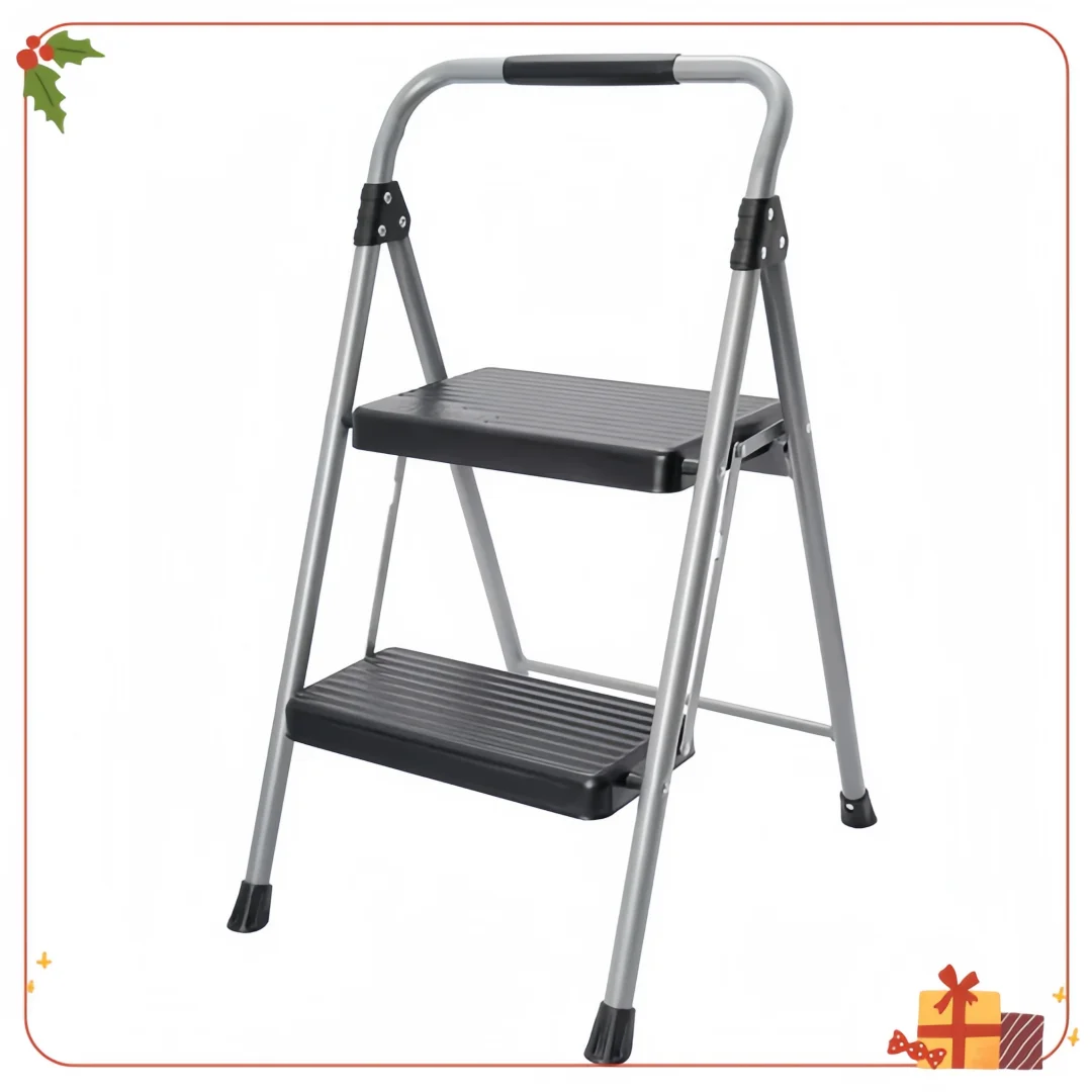 سلم مقعد قوي بخطوتين، مقعد قابل للطي لغرفة النوم، المكتبة، مقعد فولاذي أسود، سعة وزن 225 رطل