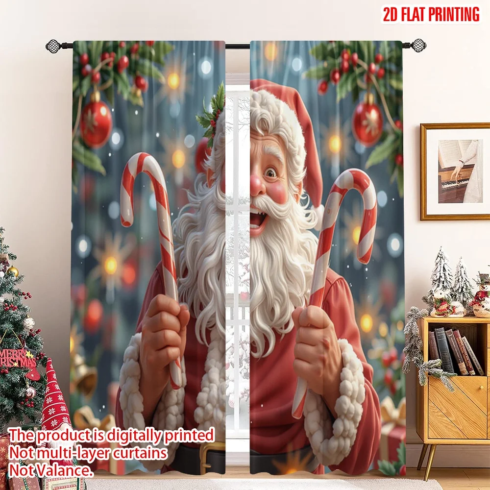 

2pcs 2D flat printing Merry Christmas Popular Window Curtains Christmas Santa Claus Candy Cane 100% Polyester Without