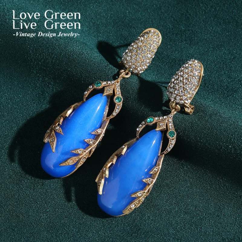 

Vintage Blue Stone Long Earrings Luxury Elegant Antique Gold Color Rhinestone Leaf Jewelry Accessories For Woman Wedding 2025