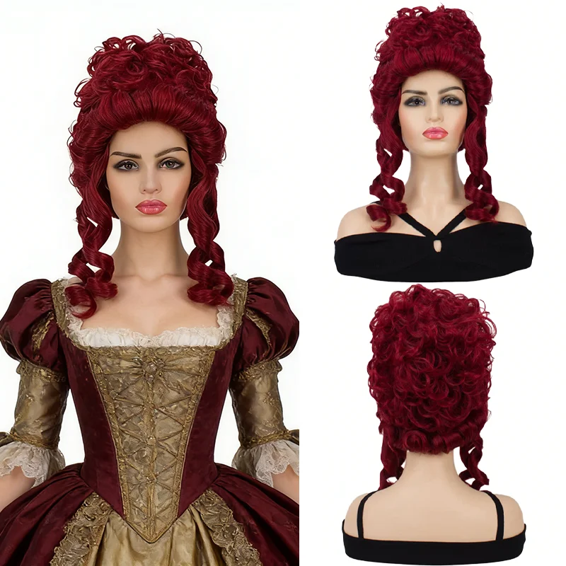 Victorian Vintage Burgundy Noble Lady Wig High Updo Spiral Long Curly Wig Synthetic Wig for Renaissance Faire Masquerade Cosplay