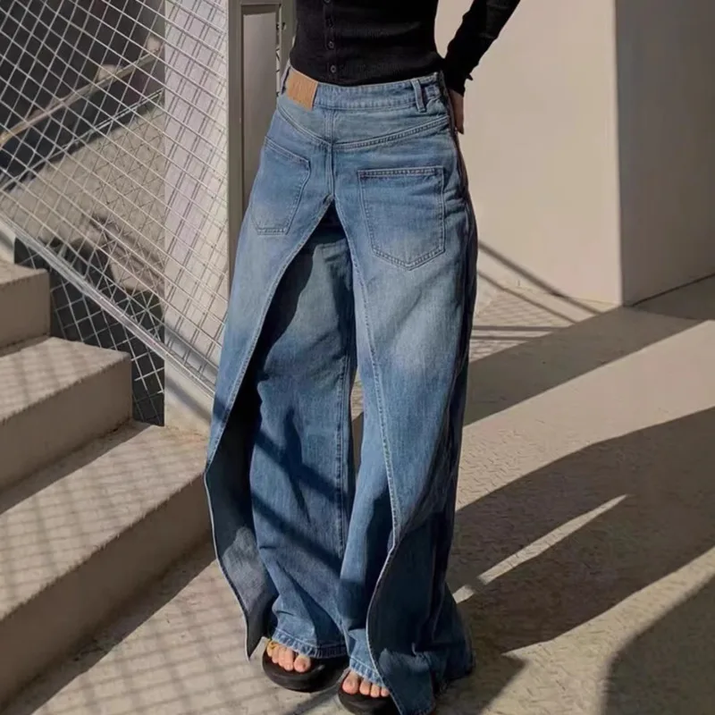 ANJY Autumn Winter New Women American Temperament Ins Reversible Jeans Y2K High Street Trendy Casual Wide-Leg Denim Pants A14721