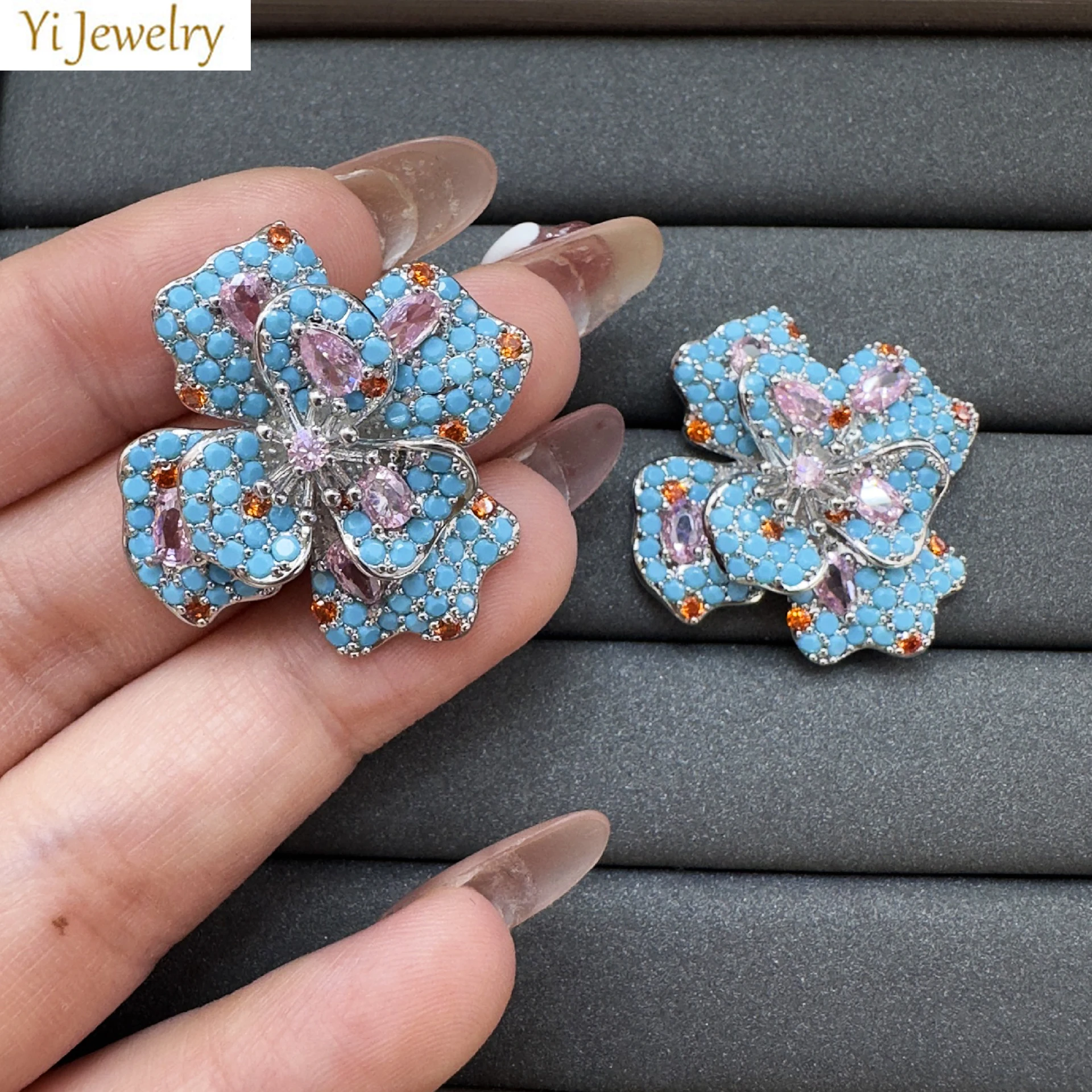 

women earrings luxury jewelry zirconia blue navy orange white flower floral stud earrings shiny jewelry dinner party daily wear