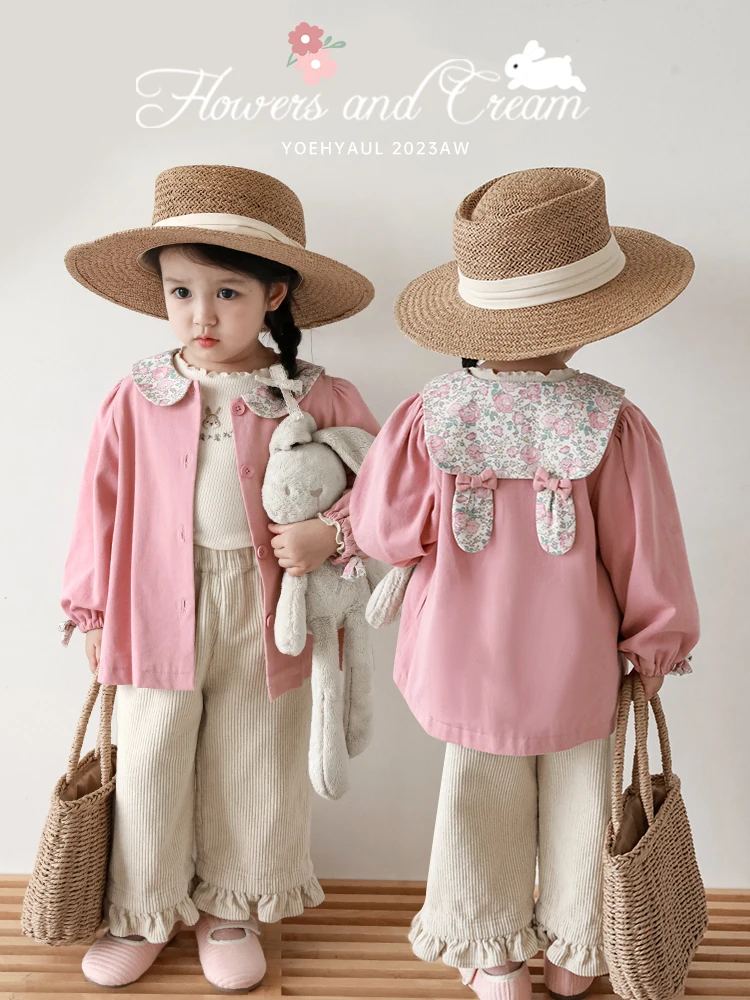 2023 Autumn Girs Cute Sweet Long Sleeve Lapel Printing Dress Rabbit Coat Shorts Sets