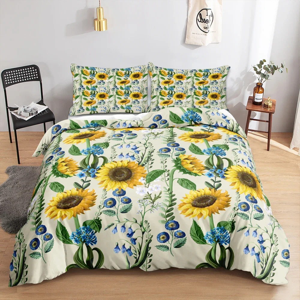 Yellow Sunflower King Queen Duvet Cover Flowers Green Leaves Full Twin Bedding Set Women Floral 2/3pcs Polyester Comforter Cover