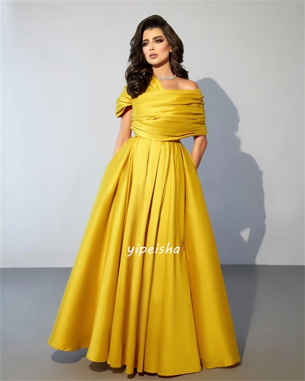 Customized Sparkle Satin Pleat A-line Off-the-shoulder Long Dresses Evening Dresses Chinese Style Exquisite Classic Sizes Availa