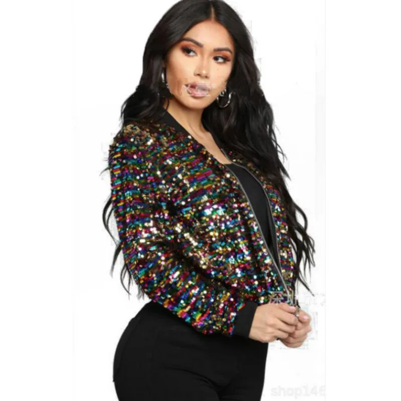 

Chic Colorful Sequined Bomber Jacket Beading Coat Casual Women's Zipper Cardigan Stage Dance Long Sleeve Crop Tops Streetwear