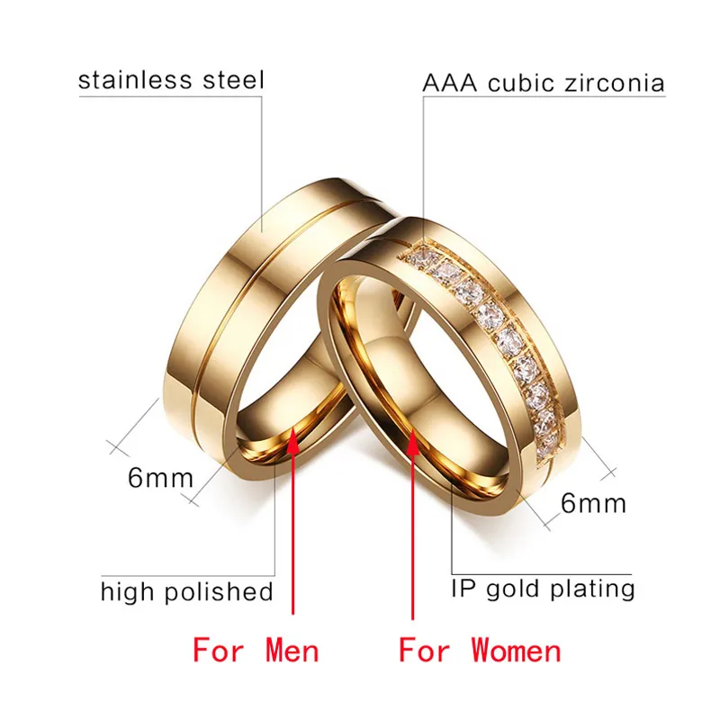 Vnox Wholesale Trendy Wedding Bands Rings for Women / Men Love Gift Gold-color Stainless Steel CZ Promise Couple Jewelry