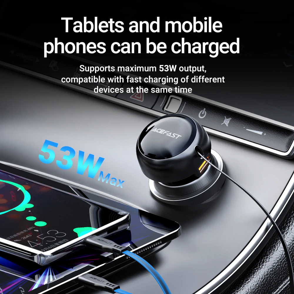 ACEFAST 2-in-1 53W Fast Charging Phone Charger in Car For iPhone 16/15 /14 Type C Retractable Cables Quick Charing For Samsung