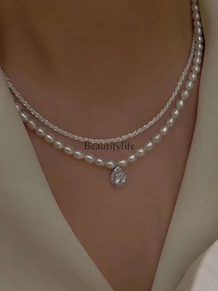 Retro White Pearl Sterling Silver Thin and Glittering Gem Square Water Drop Double Layer Light Luxury High-End Sense