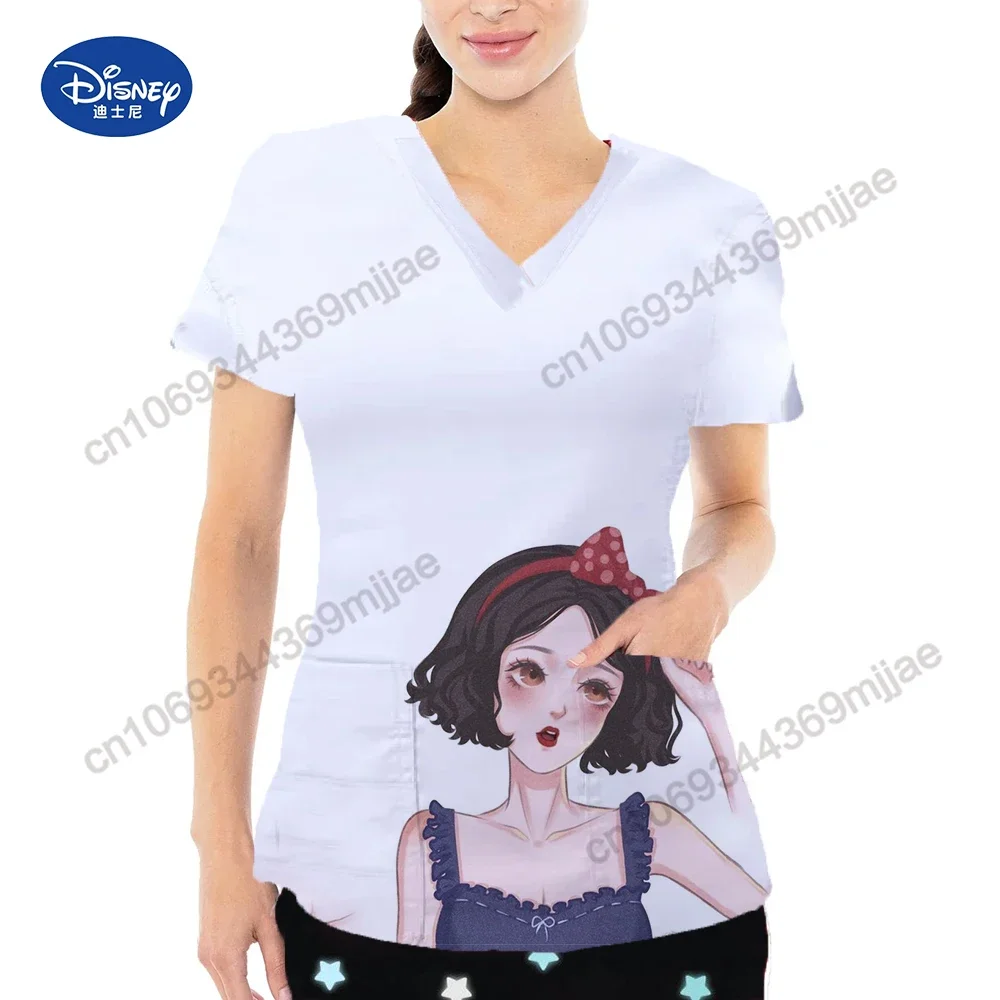 Women's Clothes V-neck Design Pocket Summer Cartoon Short Sleeves T-shirts