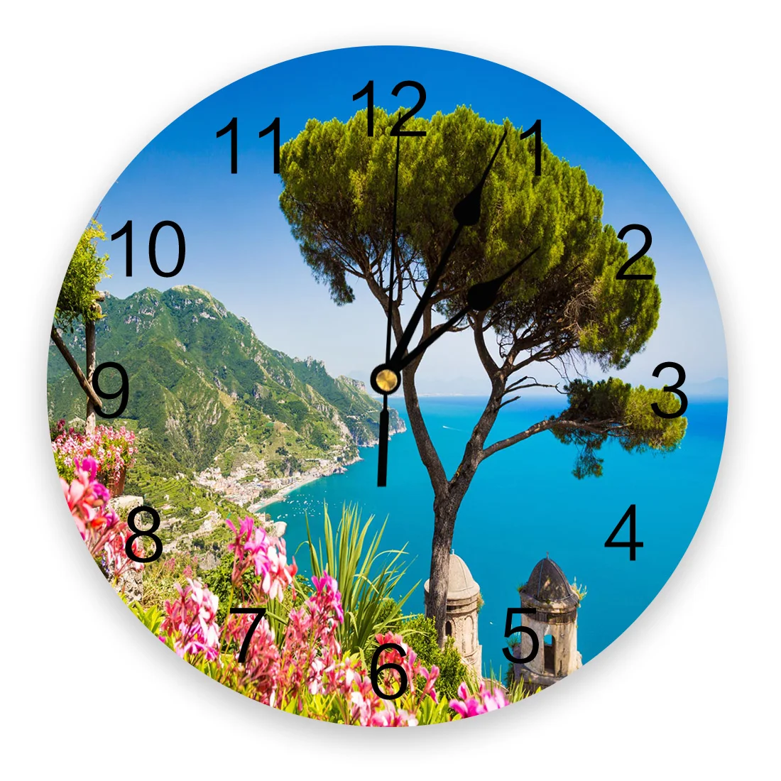 Garden Sea Amalfi Coast  Decorative Round Wall Clock Arabic Numerals Design Non Ticking Wall Clock Large For Bedrooms Bathroom