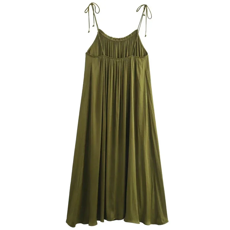 TRAF Beaded Green Pleated Dress Women Sleeveless Slip Midi Dress Woman Summer Backless Holiday Dresses Women's Loose Dresses