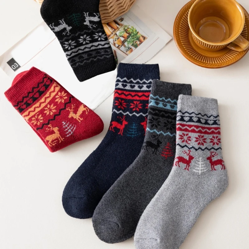 5 Pairs Men's Faux Wool Winter Socks Vintage Deer Pattern Thermal Warm Athletic Socks for Business and Leisure Activity