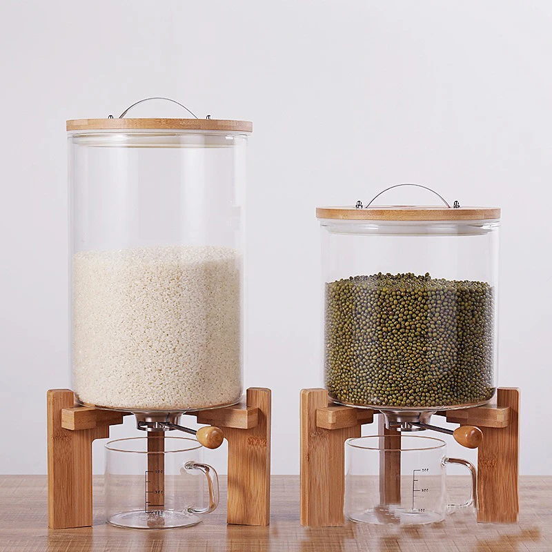 5L Creative Glass Food Storge Container for Kitchen Organization Cereal Rice Dispenser with Airtight Lid & Wooden Stand