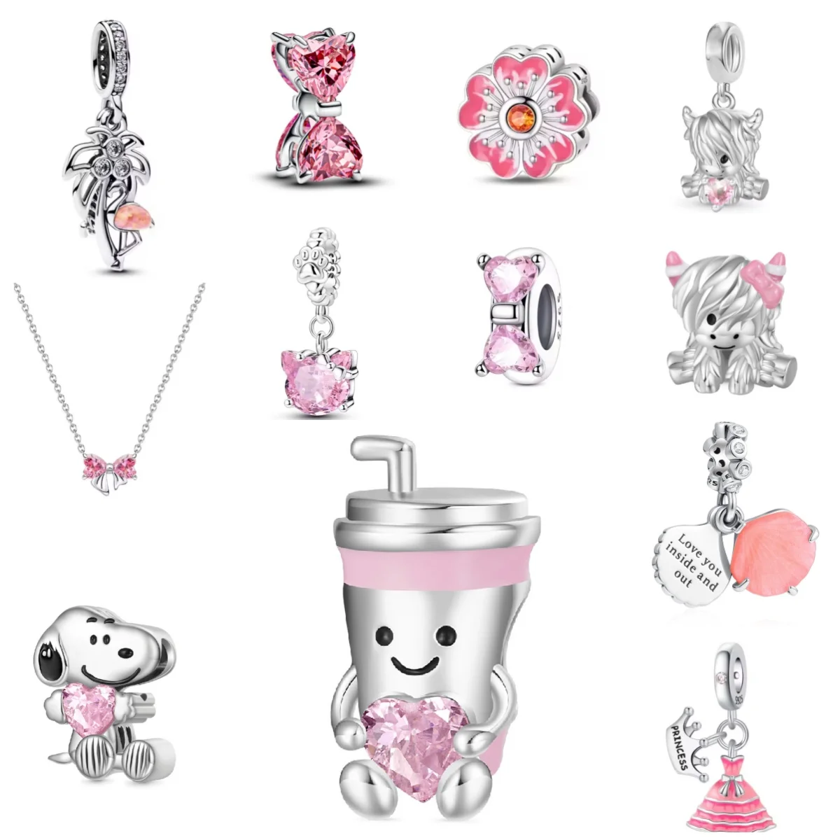 

New S925 Silver Pink Exquisite Puppy Water Cup Princess Dress Pendant,Fit Bracelet Necklace DIY Women's Jewelry Accessories
