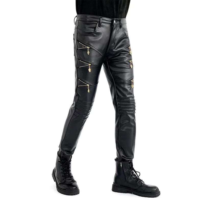 New Arrived Skinny Biker Leather Pants Mens New Faux Leather Biker Trousers for Male Trouser Stage Club Wear