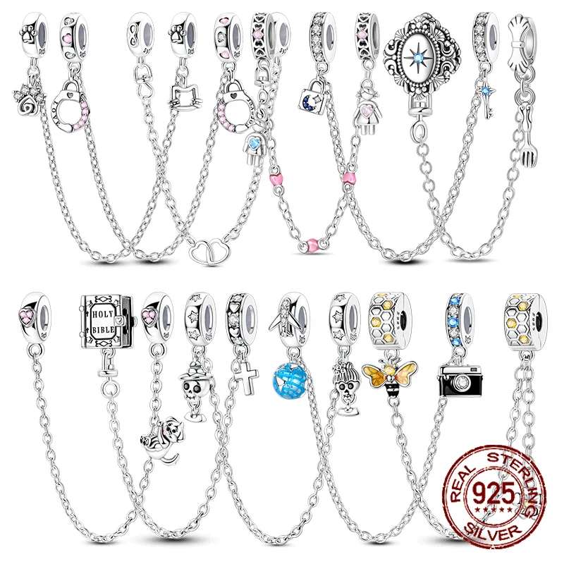 

925 Sterling Silver Classic Safety Chain Skull Inlaid Colorful Zirconium Cat Bible Charms Bead Fit Original Bracelet DIY Jewelry