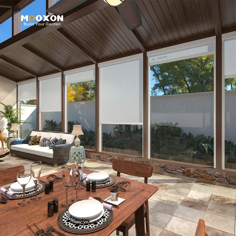 Outdoor Motorized Zip Track Roller Blinds Waterproof UV Protection Rainproof Sun Shading Blinds With Remote Control