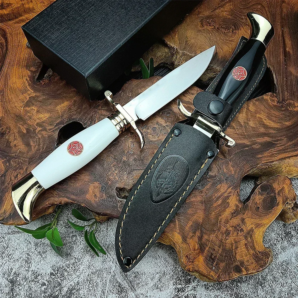 NEW Russian Finka NKVD Fixed Blade Knife 440C Blade Stainless Steel + Acrylic Handle Tactical Military Knife with Leather Sheath