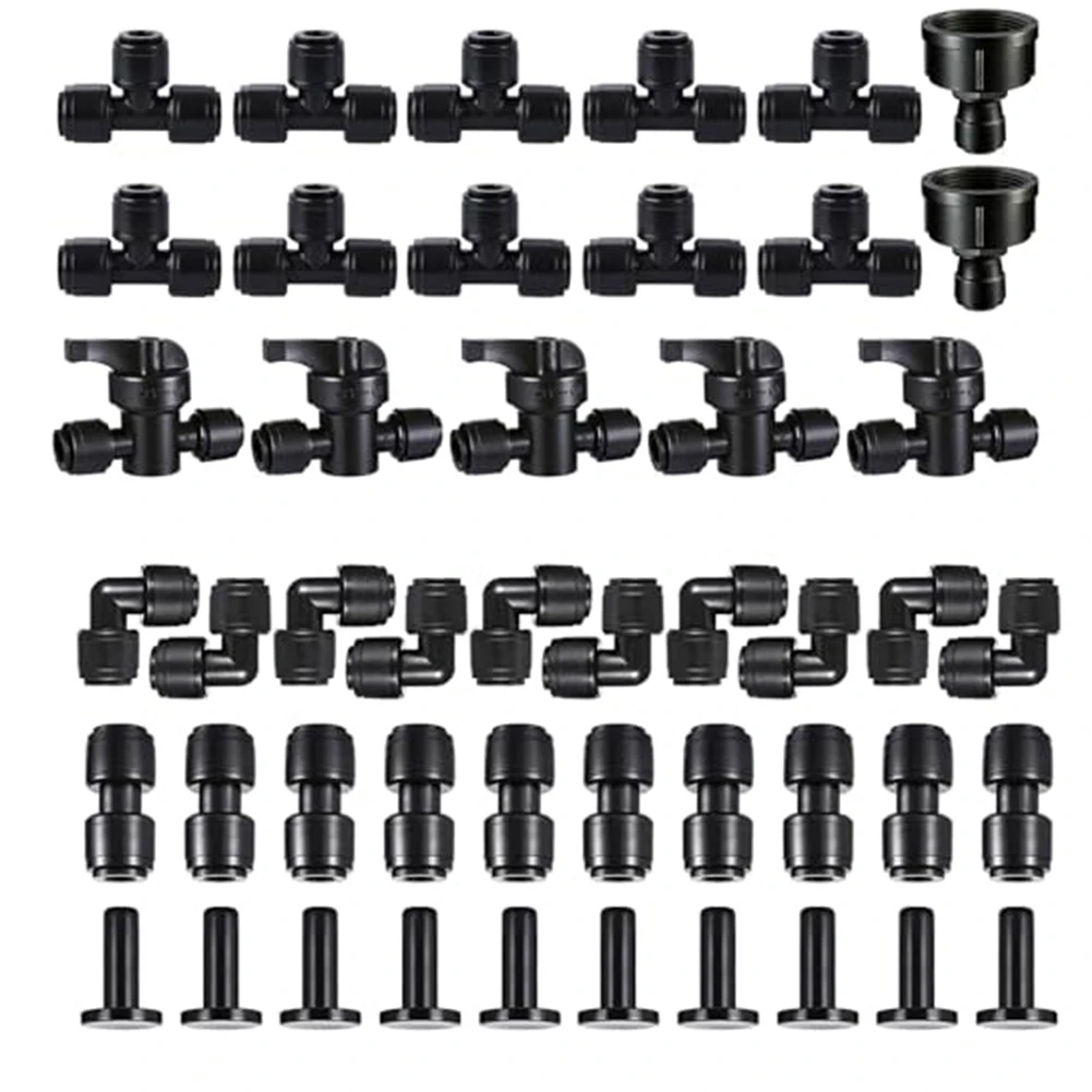 47-Piece Plastic Drip Irrigation Connector Kit for 14-Inch Tubing With Push-Fit Reliability and Long-Term Outdoor Stability