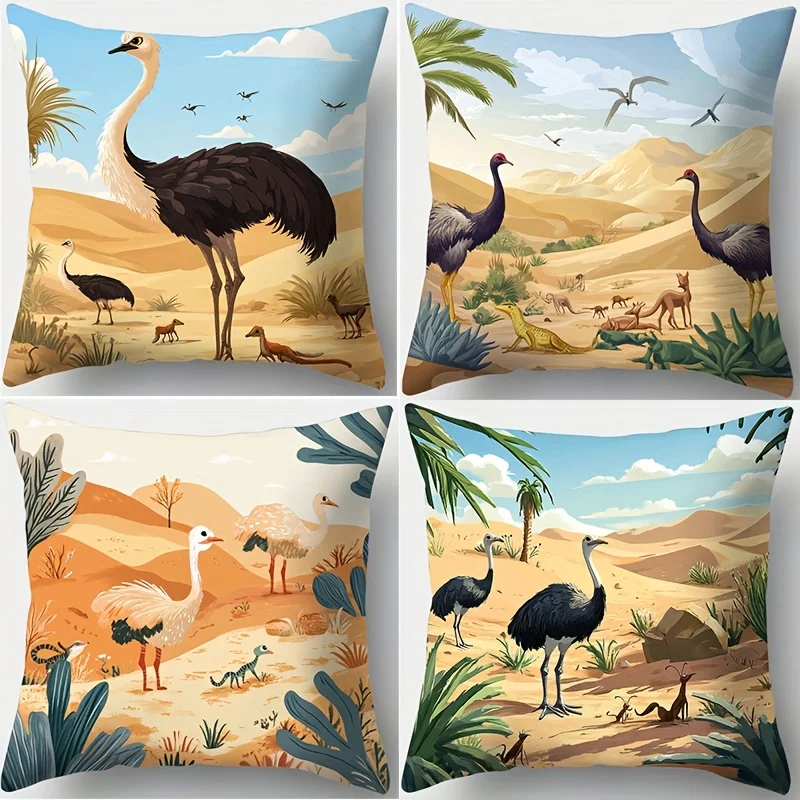 Ostrich and desert patterns Single-sided printing Short plush Suitable for living rooms bedrooms sofas (excluding pillow cores)