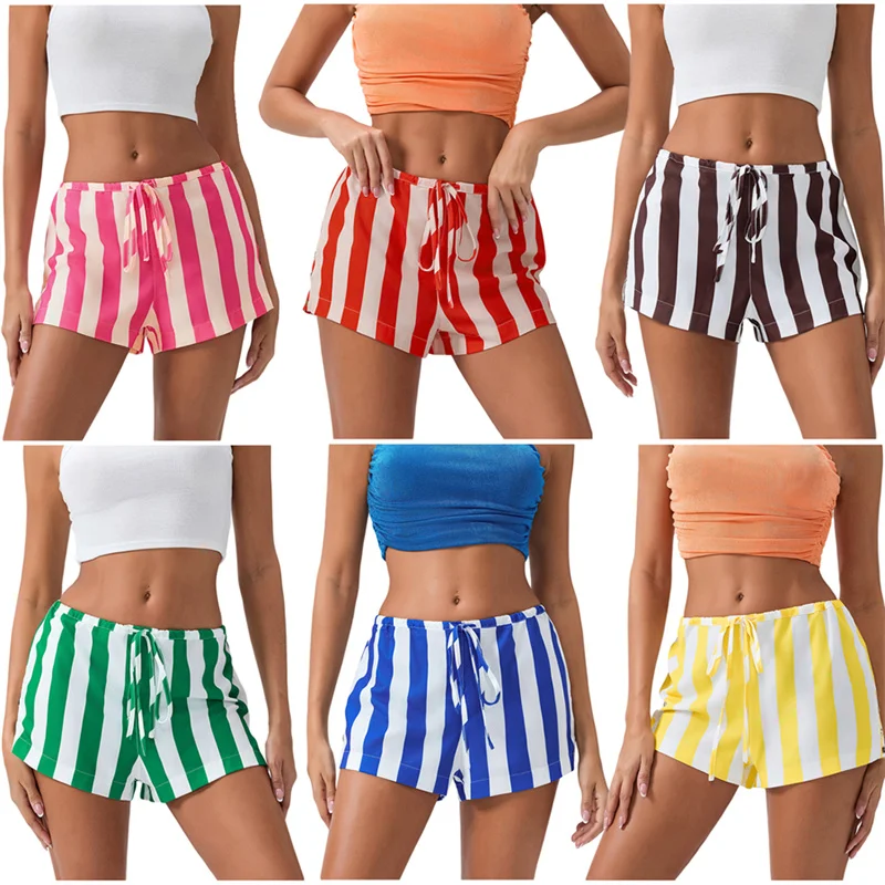 Women Striped Boxer Shorts Y2k Drawstring Low Elastic Lounge Shorts Baggy Pajamas Shorts Sleep Micro Shorts Bottom