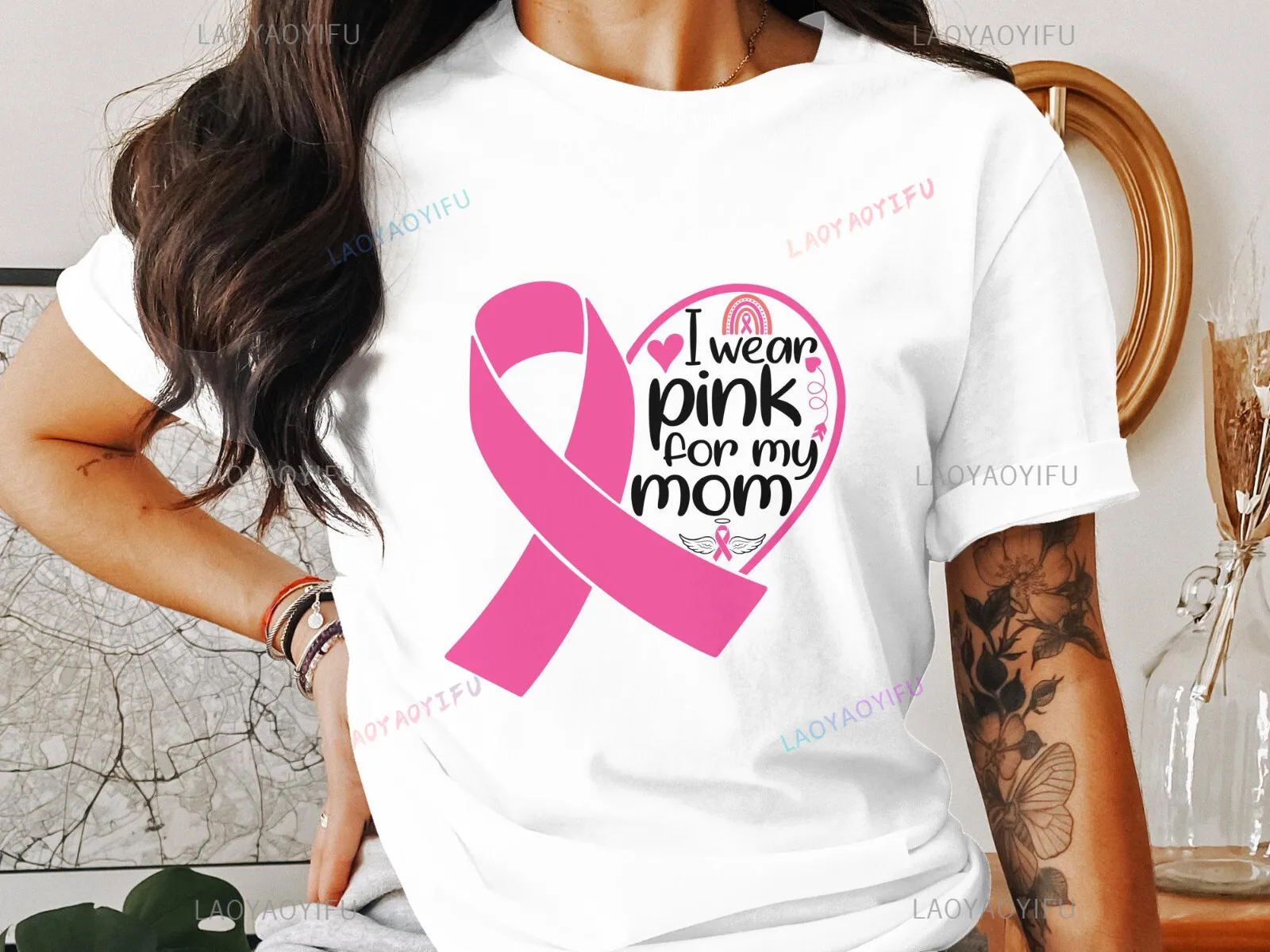 

Breast Cancer Awareness Woman T-Shirt I Wear Pink for My Mom October Cancer Support Summer O-neck Printed T-shirt Cotton Shirts