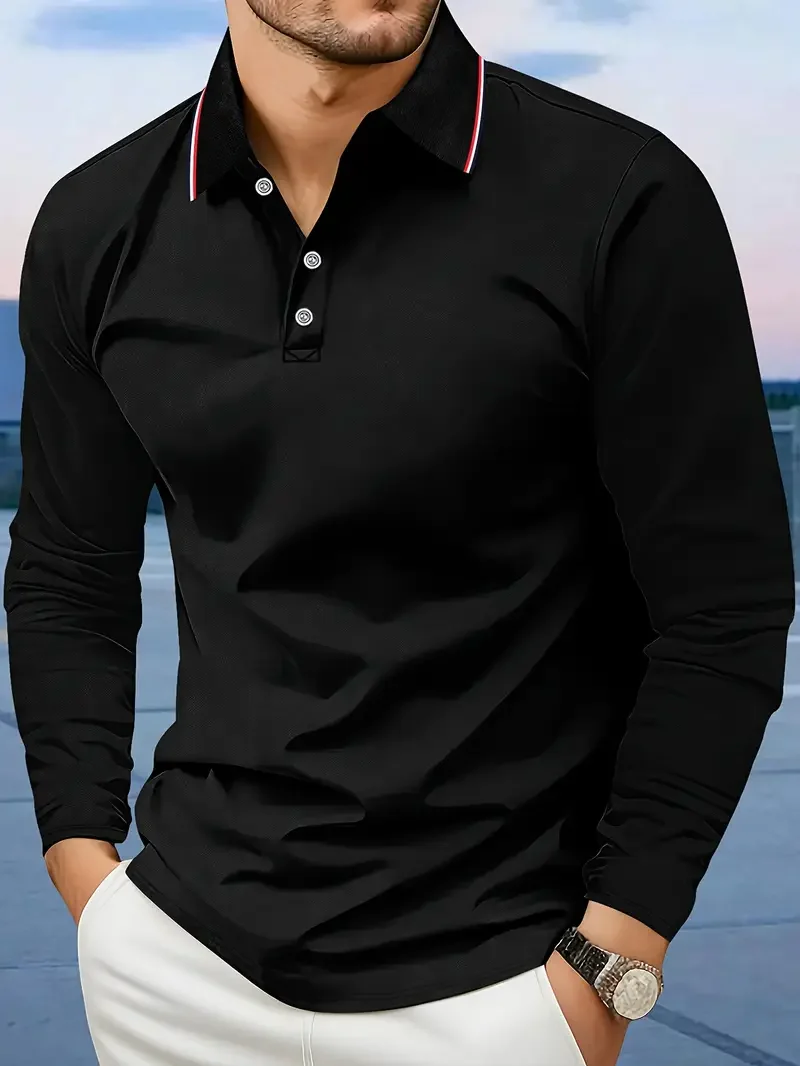 

Simple solid color long sleeved men's polo shirt fashion breathable long sleeved lapel autumn and winter outdoor men's clothing